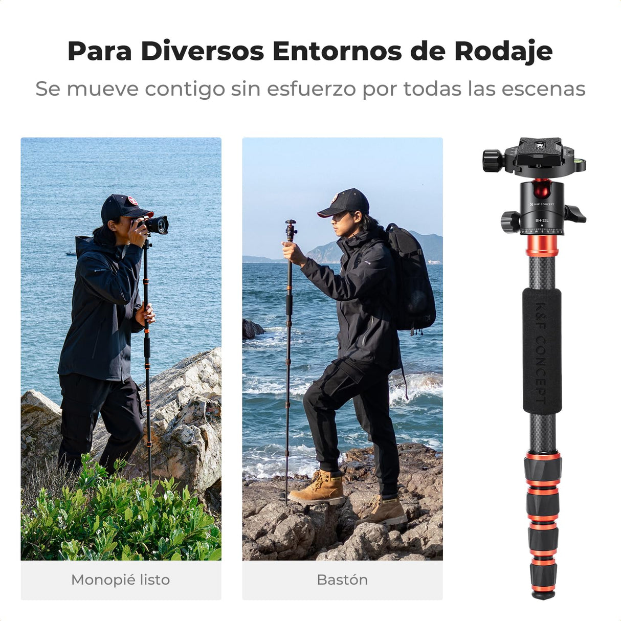 K&F CONCEPT Trípode de Cámara Carbono de Viaje Ligero, Trípode Fotografía Compacto con Monopié, 360° Rótula de Bola y Placa de Liberación para Cámara DSLR A225C0+BH-25L