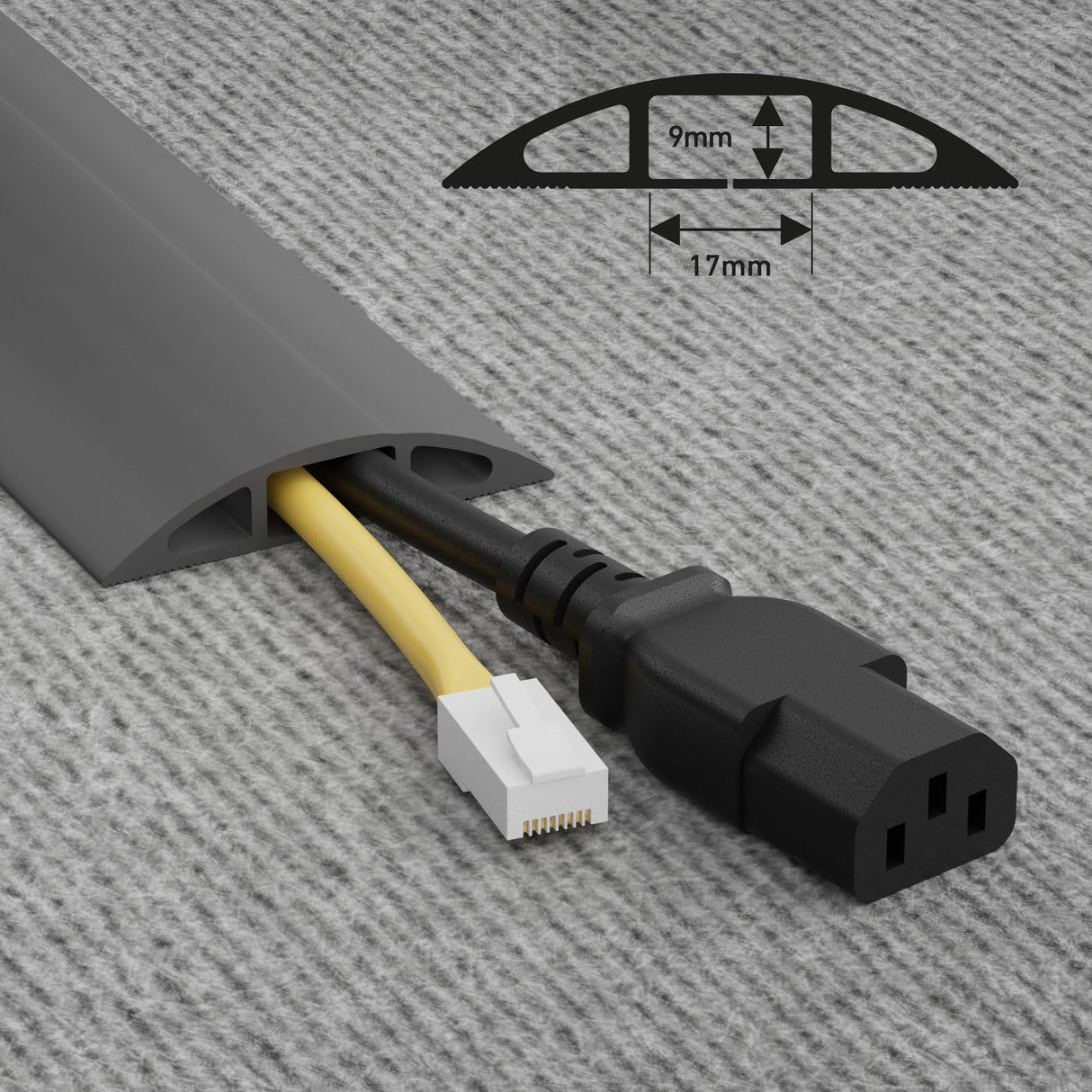 D-Line CC-2/9M Canaleta pasacables para suelo, Protector de cables, Cubre cables suelo - Cavidad para cables = 17mm (anch.) x 9mm (alt.) - 9-metro longitud - Gris