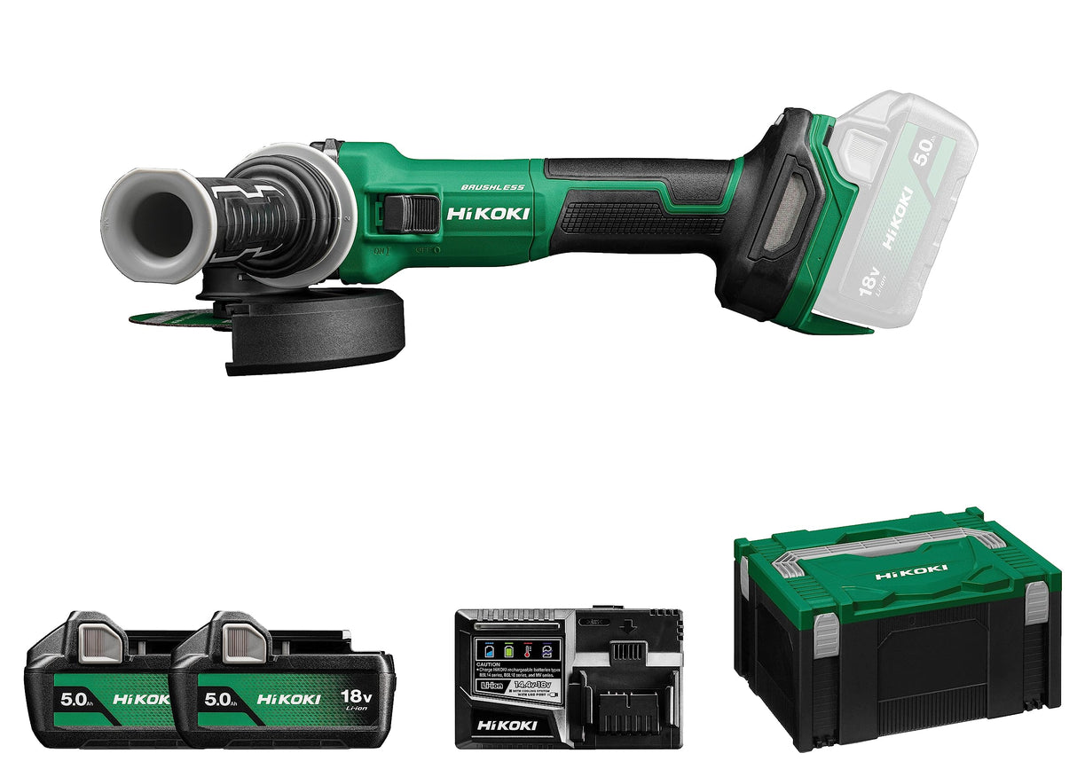 HIKOKI Akku Winkelschleifer G1813DVE, Schleifscheiben Ø: 125 mm (18V, 5,0 Ah Li-ion, Leerlaufdrehzahl: 3200-8000 min-1/ mit (AT Modus), Antriebsspindel: M14, Brushless, Zubehör im HSCIII Koffer)