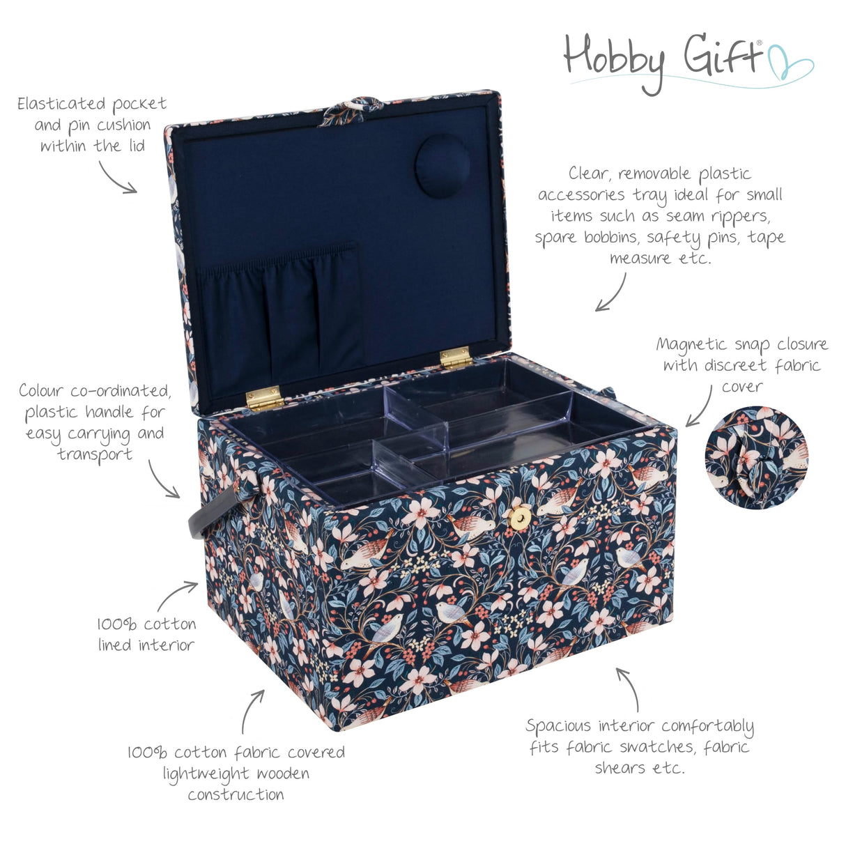 Hobby Gift Caja de costura grande - Pájaros en flores de tela de algodón bordada con asa de plástico, bandeja interior de plástico duro con compartimentos, alfiletero 23,5x31x20cm