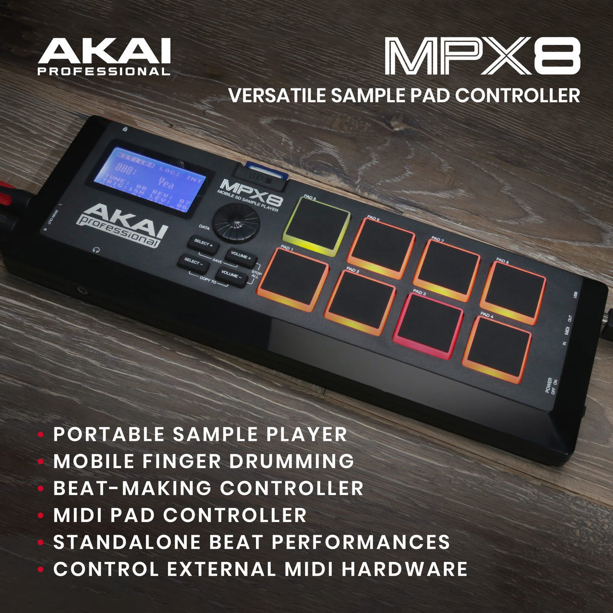 AKAI Professional MPX8 - Controlador USB MIDI y lanzador de samples portátil con 8 pads sensibles a la velocidad y ranura para tarjeta SD