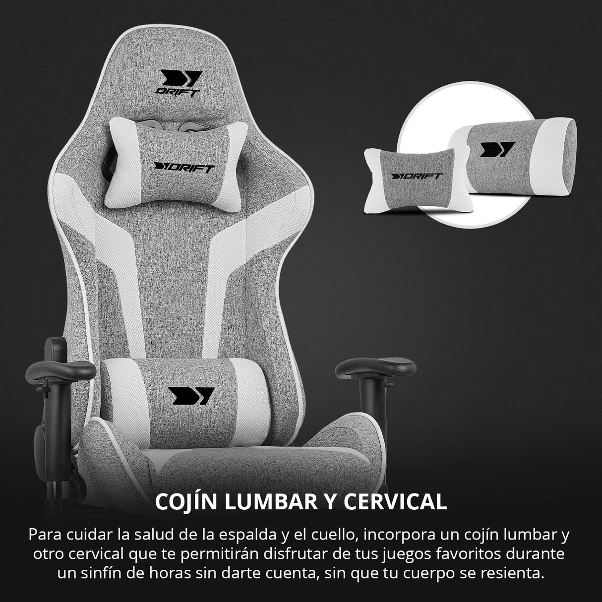 DRIFT GAMING DR90 – Silla Gaming ergonómica con reposacabezas y Lumbar, Respaldo reclinable 135°, Brazos 2D Ajustables, Tejido Transpirable, Base de Nylon y pistón de Gas Clase 4 – Gris/Blanco