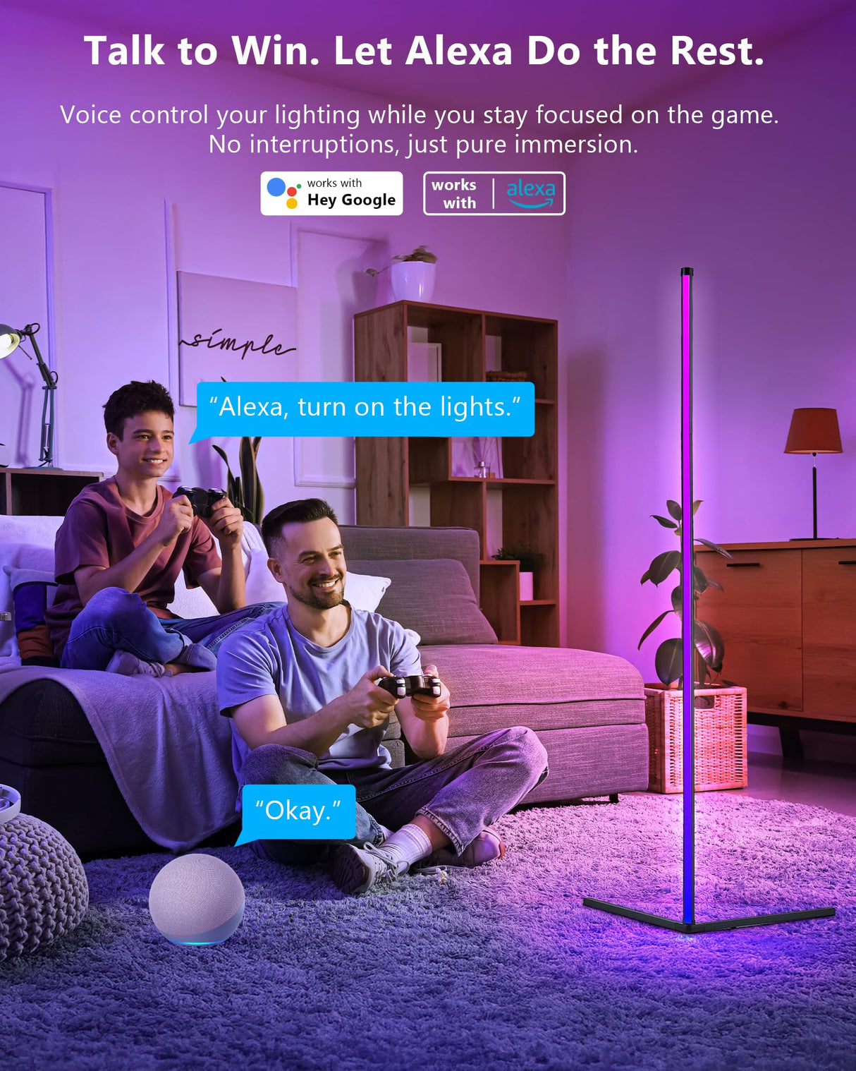 LuminexDesigns Pack de 2 Lámparas de Pie LED RGB 150cm – Luces de Esquina Regulables con Mando a Distancia, Control Alexa, Iluminación Decorativa para Salón, Dormitorio o Zona Gaming