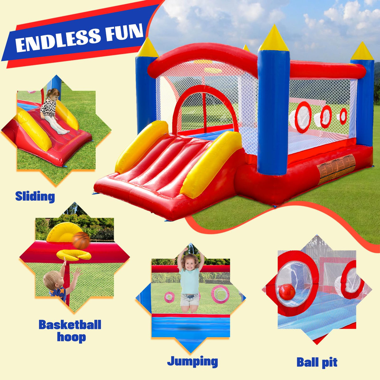 Ballsea Castillo Hinchable de PVC con soplador, trampolín, tobogán y Red de Seguridad. Este Castillo Hinchable está Hecho de PVC y es Adecuado para el hogar, el Exterior, la guardería o el Comercio