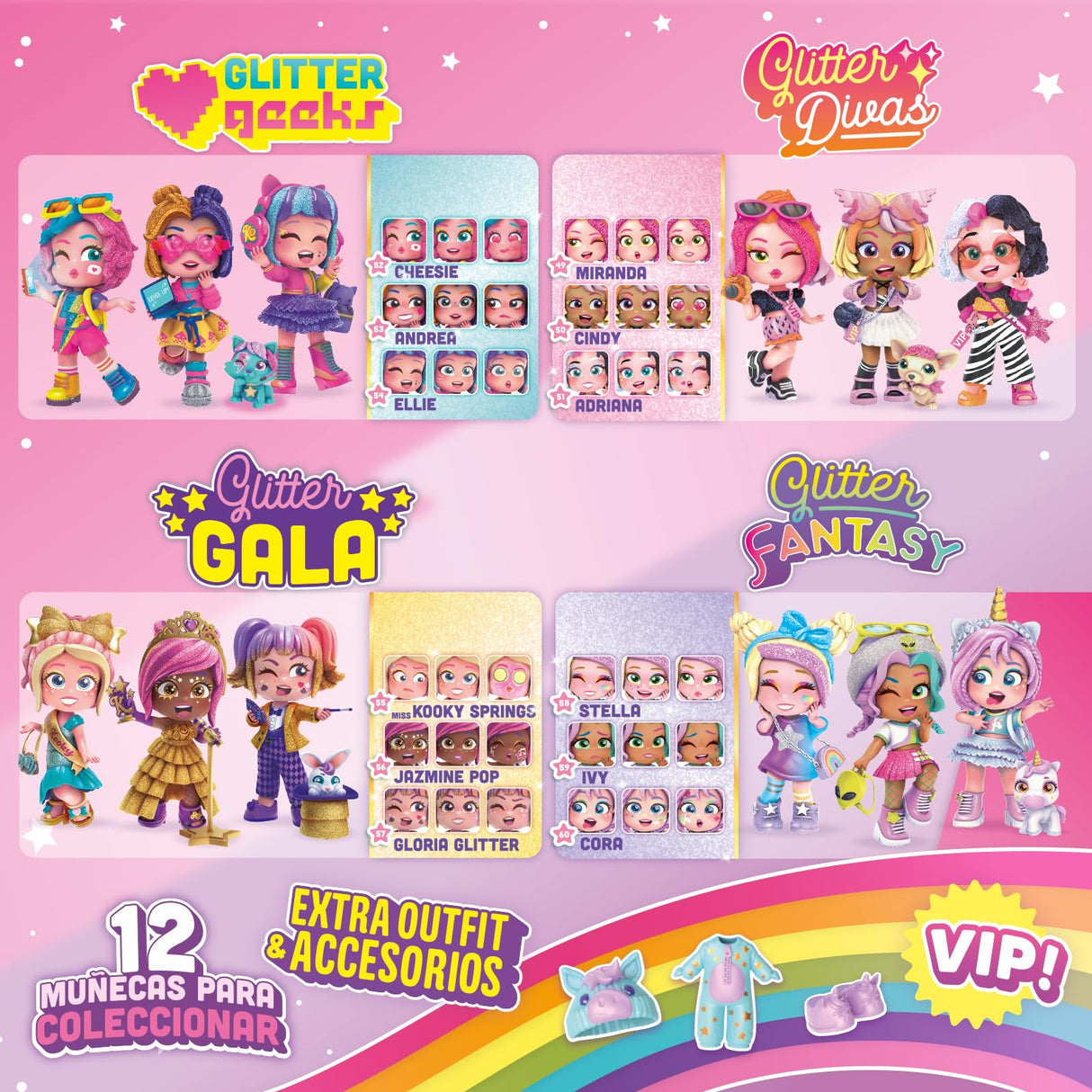 KOOKYLOOS Serie Glitter Glam – Colección completa de 12 KookyLoos. Muñeca sorpresa coleccionable con accesorios de moda, ropa, zapatos y juguetes con 3 expresiones divertidas. 12 muñecas incluídas