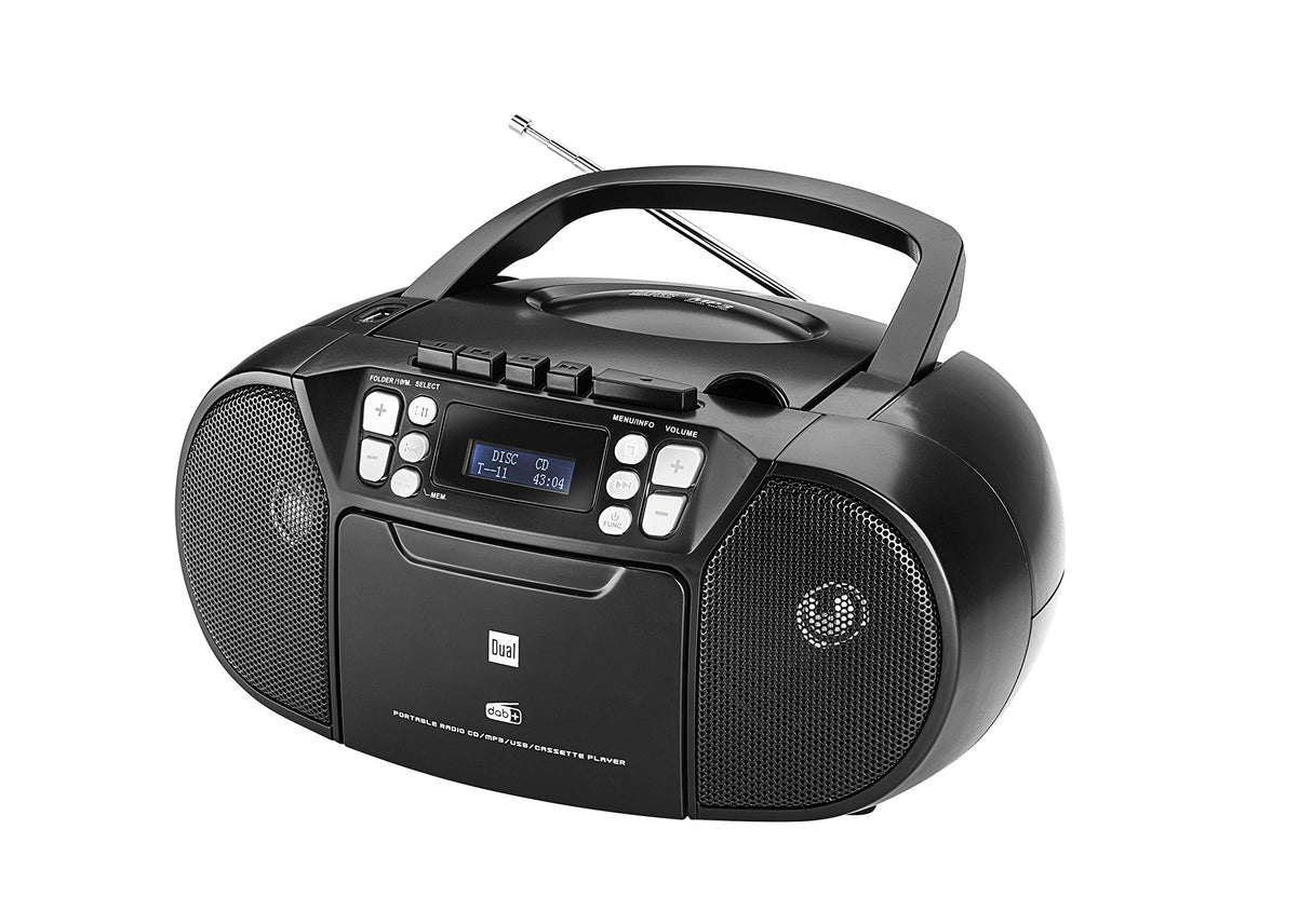 Dual, 75961,DAB-P AA8210 - Radio de casete con CD - DAB(+)/FM - Boombox - Reproductor de CD - Altavoz estéreo - Puerto USB - Entrada auxiliar - Funcionamiento con alimentación/batería - Portátil Negro