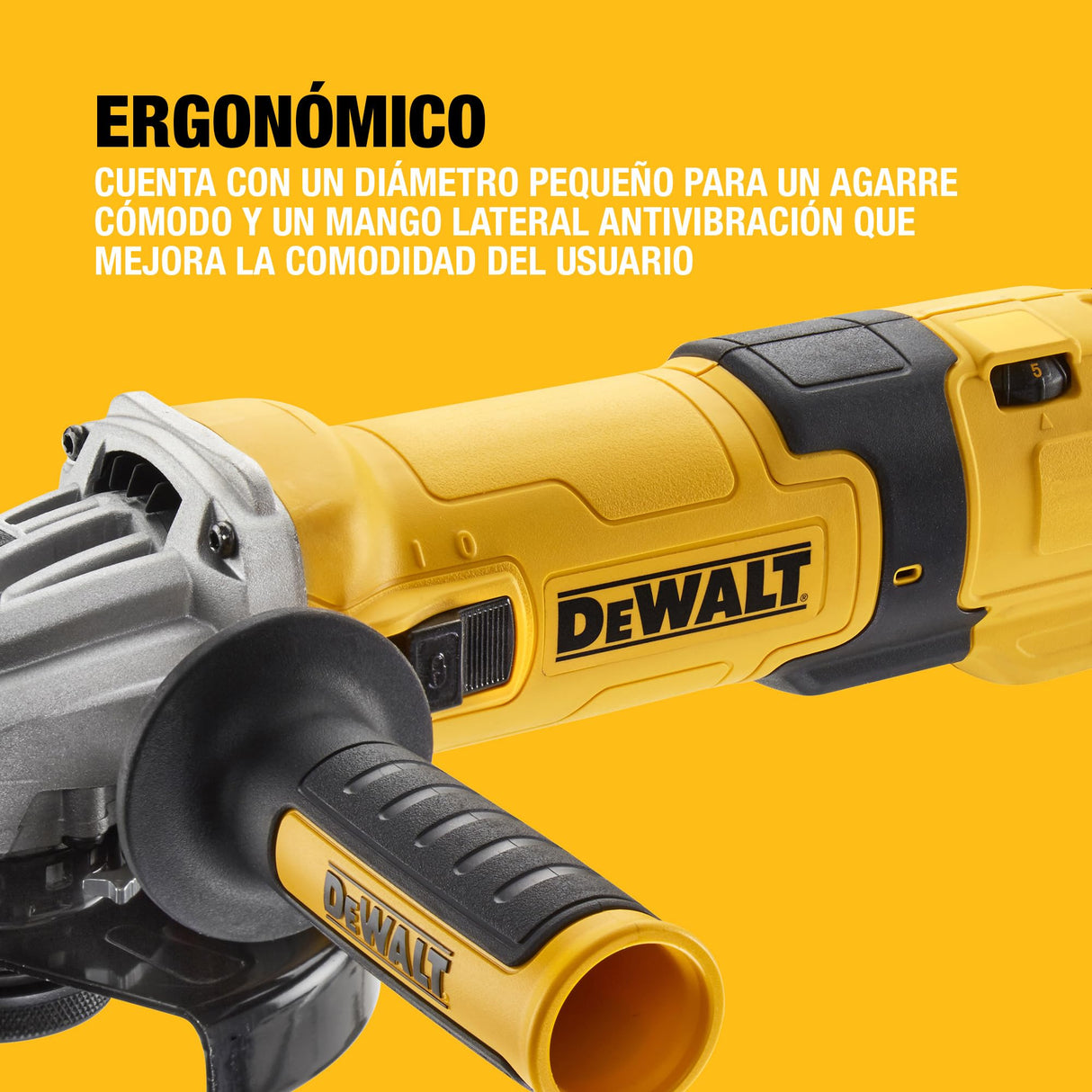 DEWALT Mini-amoladora angular eléctrica, 125mm, Potente motor 1500 W, Arranque Suave + Bloqueo, Velocidad sin carga 2800-10000 rpm, Rosca M14, Sistema de extracción de polvo, DWE4257KT-QS