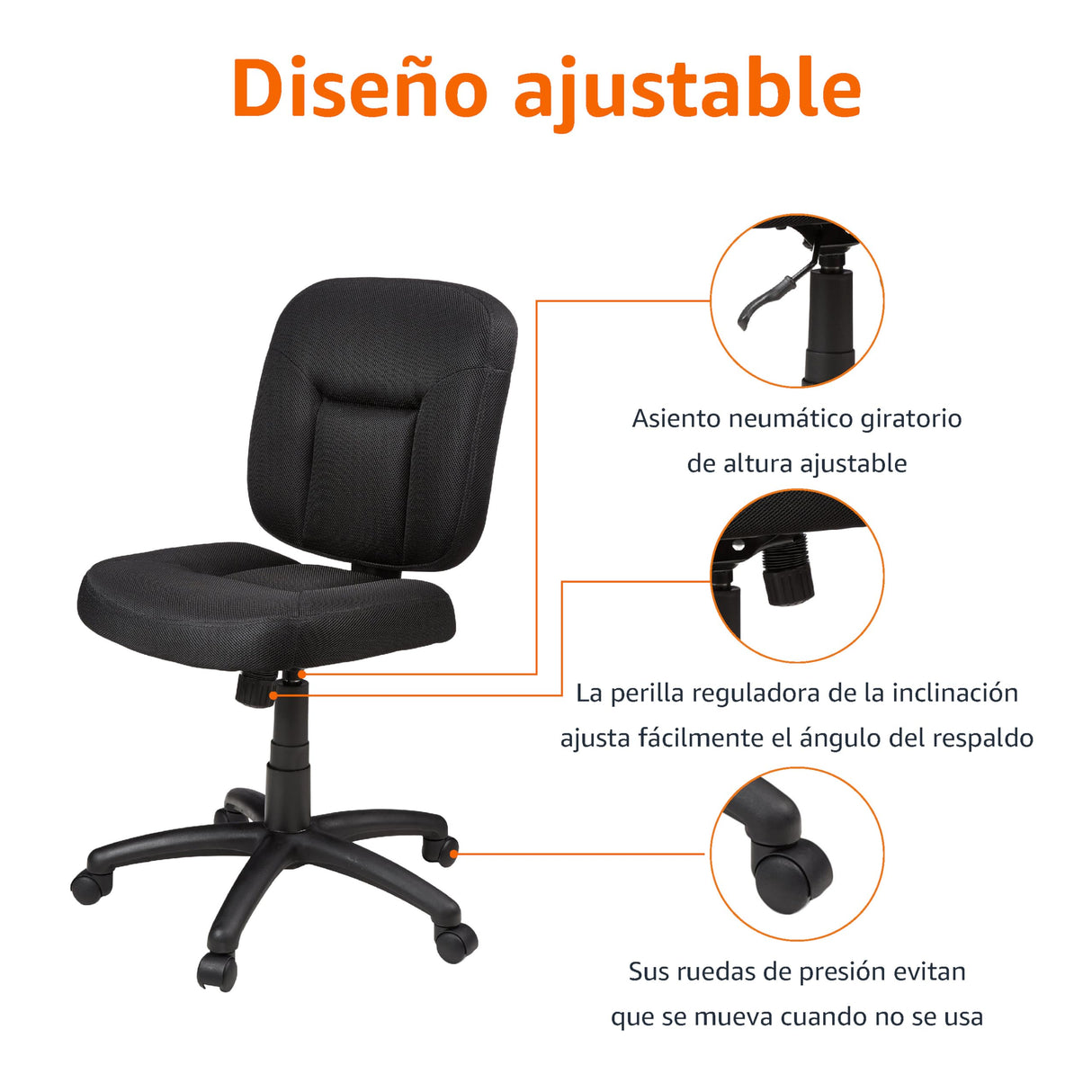 Amazon Basics Silla de Oficina con Respaldo Acolchado, Agradable en la Espalda, Altura Ajustable, fácil Montaje, 65 D x 61 W x 87.5-98 H cm, Color Negro