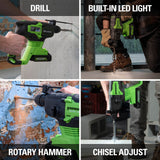 Greenworks 2.1 J Brushless Rotary Hammer 1*4AH Batteries & charger & bag