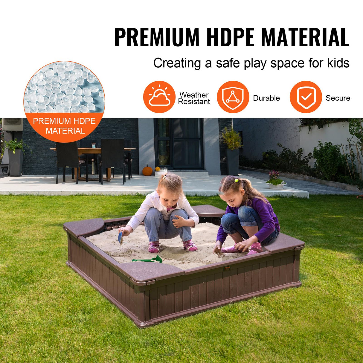 VEVOR Caja de Arena con Tapa Areno de HDPE Cuadrado de 1235 x 1235 x 315 mm con 4 Asientos en Las Esquinas y Revestimiento Inferior para Niños de 3 a 12 Años para Patio al Aire Libre, Parque, Marrón