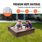 VEVOR Caja de Arena con Tapa Areno de HDPE Cuadrado de 1235 x 1235 x 315 mm con 4 Asientos en Las Esquinas y Revestimiento Inferior para Niños de 3 a 12 Años para Patio al Aire Libre, Parque, Marrón