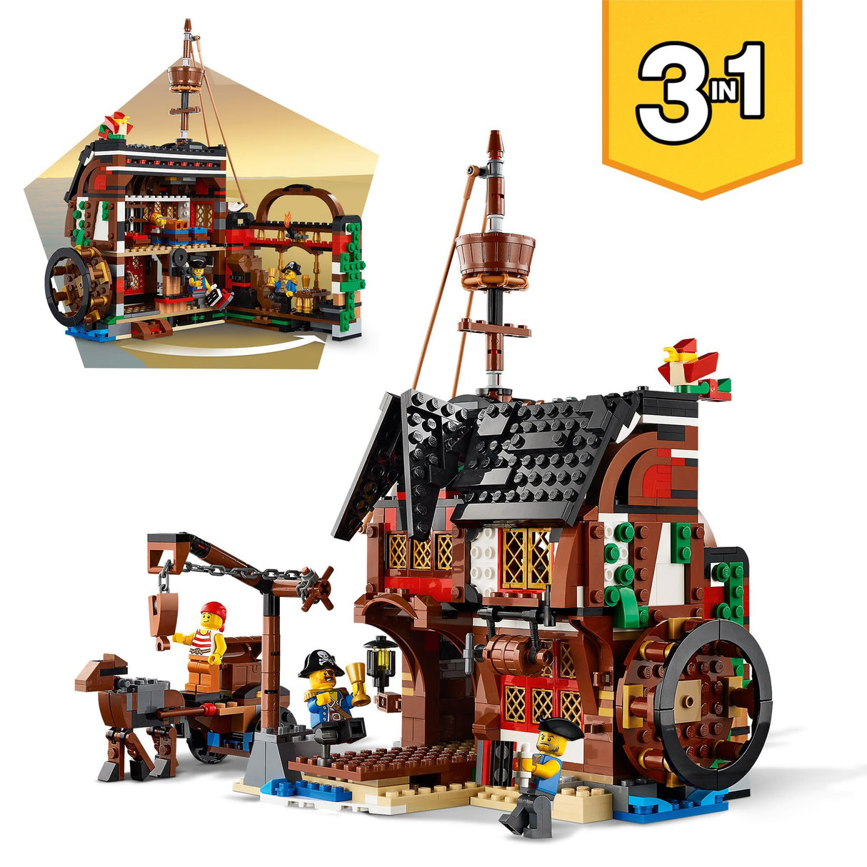 LEGO Creator 3-en-1 Barco Pirata, Isla Calavera o Taberna, Juego Creativo de Construcción con Tiburón de Juguete y Mini Figuras, Regalo para Niños y Niñas de 9 Años o Más 31109