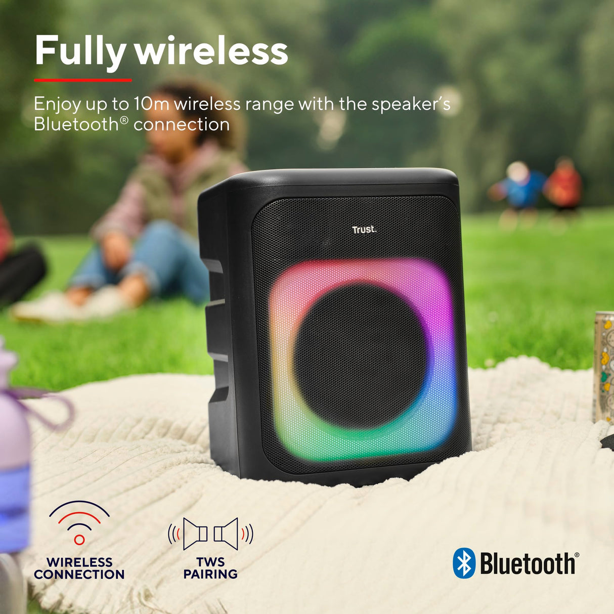 Trust Azura Altavoz Bluetooth Potente 100W para Fiestas, Altavoz Portátil Inalámbrico Luz LED RGB Intemperie IPX4, Altavoces Bluetooth Batería Recargable 11H, 2 Entradas de Micrófono Karaoke