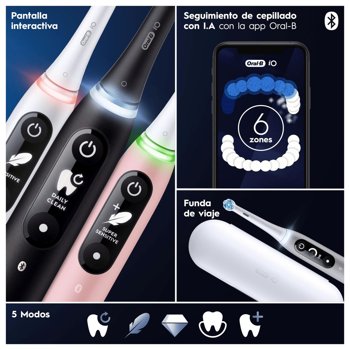 Oral-B iO 6 Cepillo De Dientes Eléctrico Negro con Mango Recargable, 3 Cabezales, 1 Estuche De Viaje, 5 Modos De Cepillado Incluso Blanqueamiento Dental, Sensor De Presión, Diseñado Por Braun
