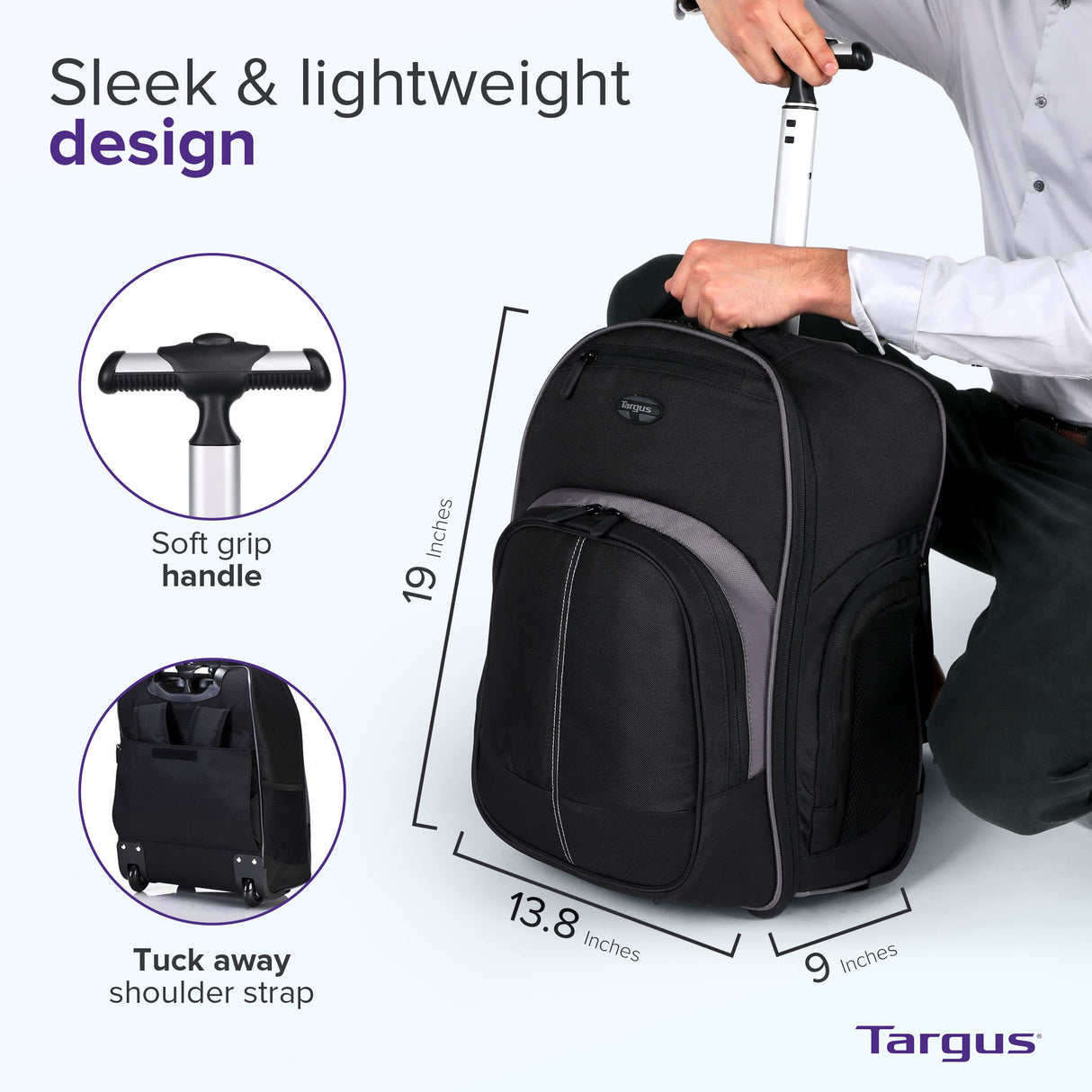 Targus Mochila compacta con ruedas para negocios, estudiantes universitarios y viajes, material duradero, bolsillo para tableta, funda protectora extraíble para laptop de 16 pulgadas, color negro