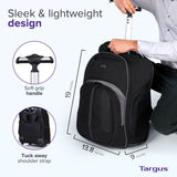 Targus Mochila compacta con ruedas para negocios, estudiantes universitarios y viajes, material duradero, bolsillo para tableta, funda protectora extraíble para laptop de 16 pulgadas, color negro