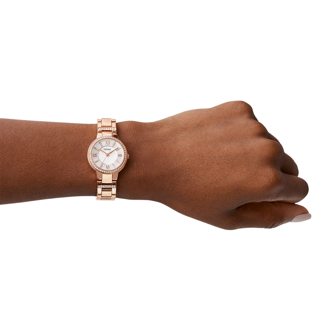 Fossil Virginia Reloj para mujer, movimiento de cuarzo con correa de acero o piel, Tono oro rosa y blanco con purpurina, 30MM