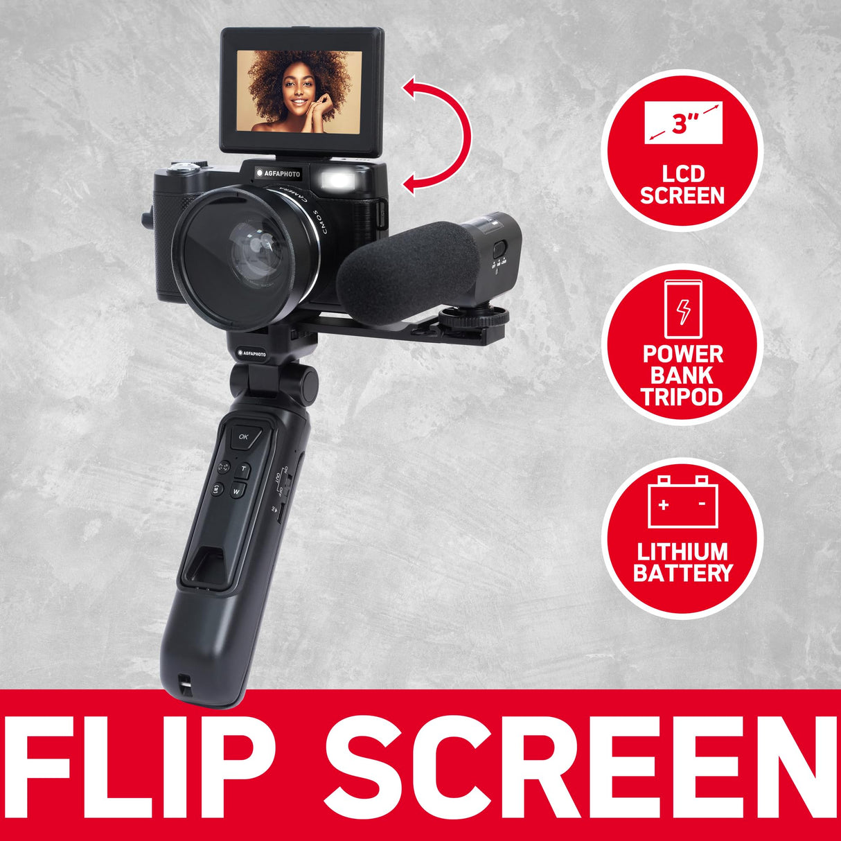 AGFA PHOTO Realishot VLG-4K Kit Vlogging - Cámara 24MP, Video 4K, Pantalla LCD 3’’, Zoom Digital 16X, Sensor CMOS, Batería de Litio - Negro