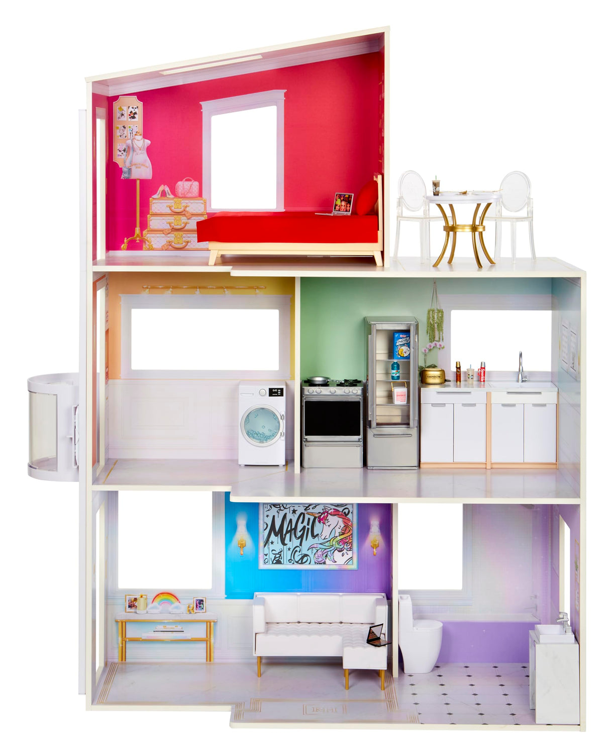 Rainbow High Townhouse: Casa de Muñecas de Madera de 3 Plantas con 5 Habitaciones y Terraza en la Azotea - Casa de Moda Amueblada con Ascensor y Accesorios de Juego - para Niños de 4 a 12+ Años