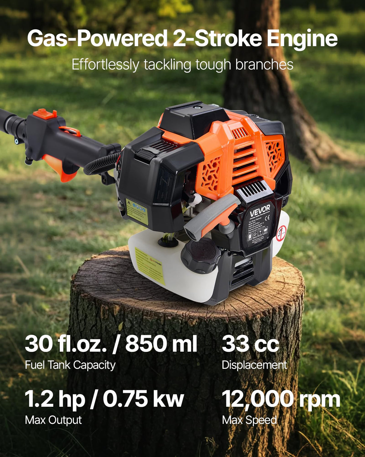 VEVOR Motosierra de Pértiga a Gasolina, Motosierra Inalámbrica de 33 cc y 2 Tiempos con Barra de Corte de 20,3 cm, Tanque de Combustible de 850 ml y Extensible de 2,04-3,54 m para Podar Árboles