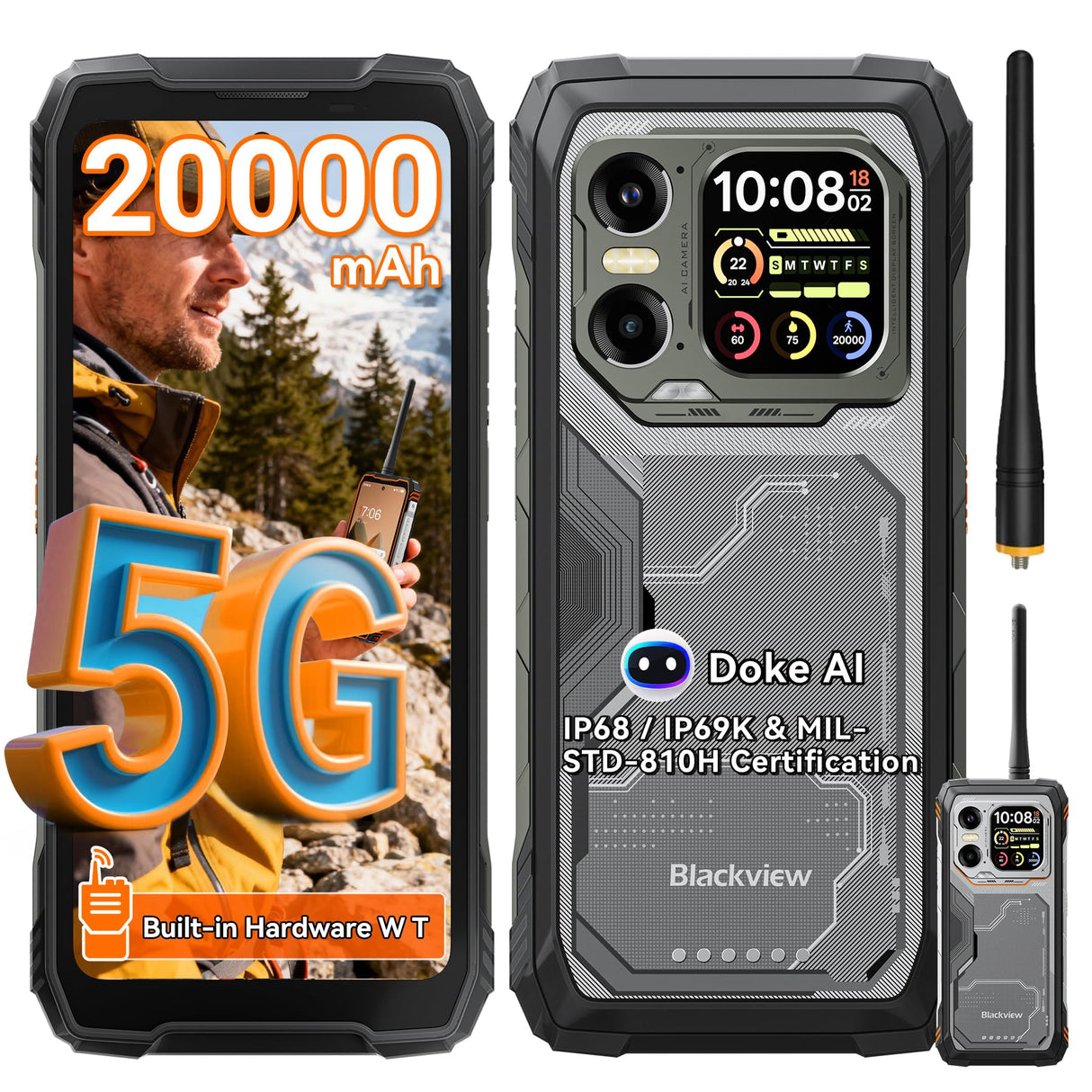 Blackview XPLORE 1 WT Movil Irrompible 5G, 20000mAh Movil Indestructible, 48GB+512GB, 6,78" FHD+ & 2,01" 120Hz Android 15 IP69K, 64MP+50MP+20MP, NFC/OTG/GPS/AI