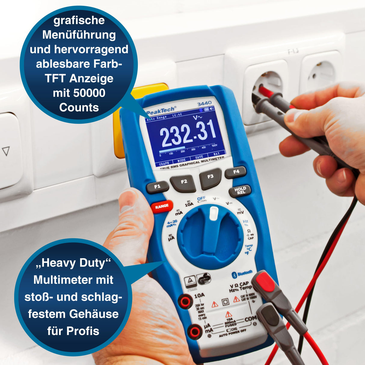 PeakTech 3440 - Multímetro Digital Rms con 4.0 Bluetooth y Pantalla Gráfica, 50000 Cuentas, Portátil Profesional, Tuv / Gs, Rango Automático Medidor de Voltaje, Probador de Continuidad - Cat III 1000V