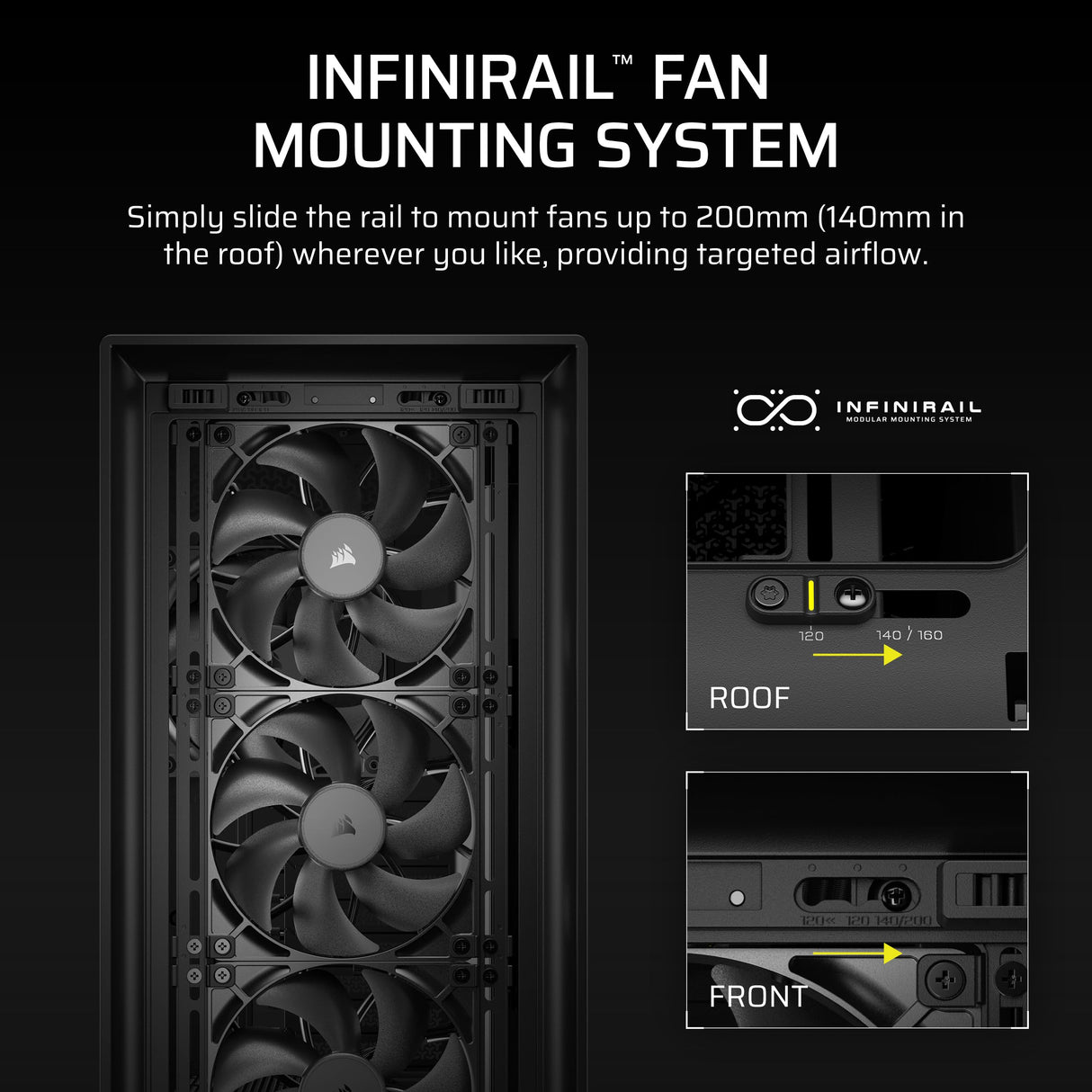 CORSAIR Frame 5000D RS Caja Modular Mid-Tower de Gran Flujo de Aire para PC – 4X Ventiladores RS Preinstalados, Sistema de Montaje de Ventiladores InfiniRail – Negro