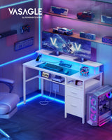 VASAGLE Escritorio con Cajones de Tela, Luces LED y Tomas Corriente Incorporadas, Estante para Monitor, 55 x 135 x 90 cm, 2 Puertos USB-A, para Oficina Casa, Blanco Arce LWD094W01