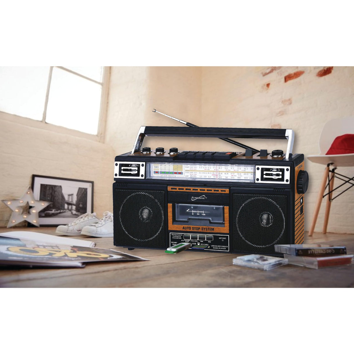 Supersonic SC-3201TBTWOD Bluetooth Retro 4 Band Radio Cassette USB Wood