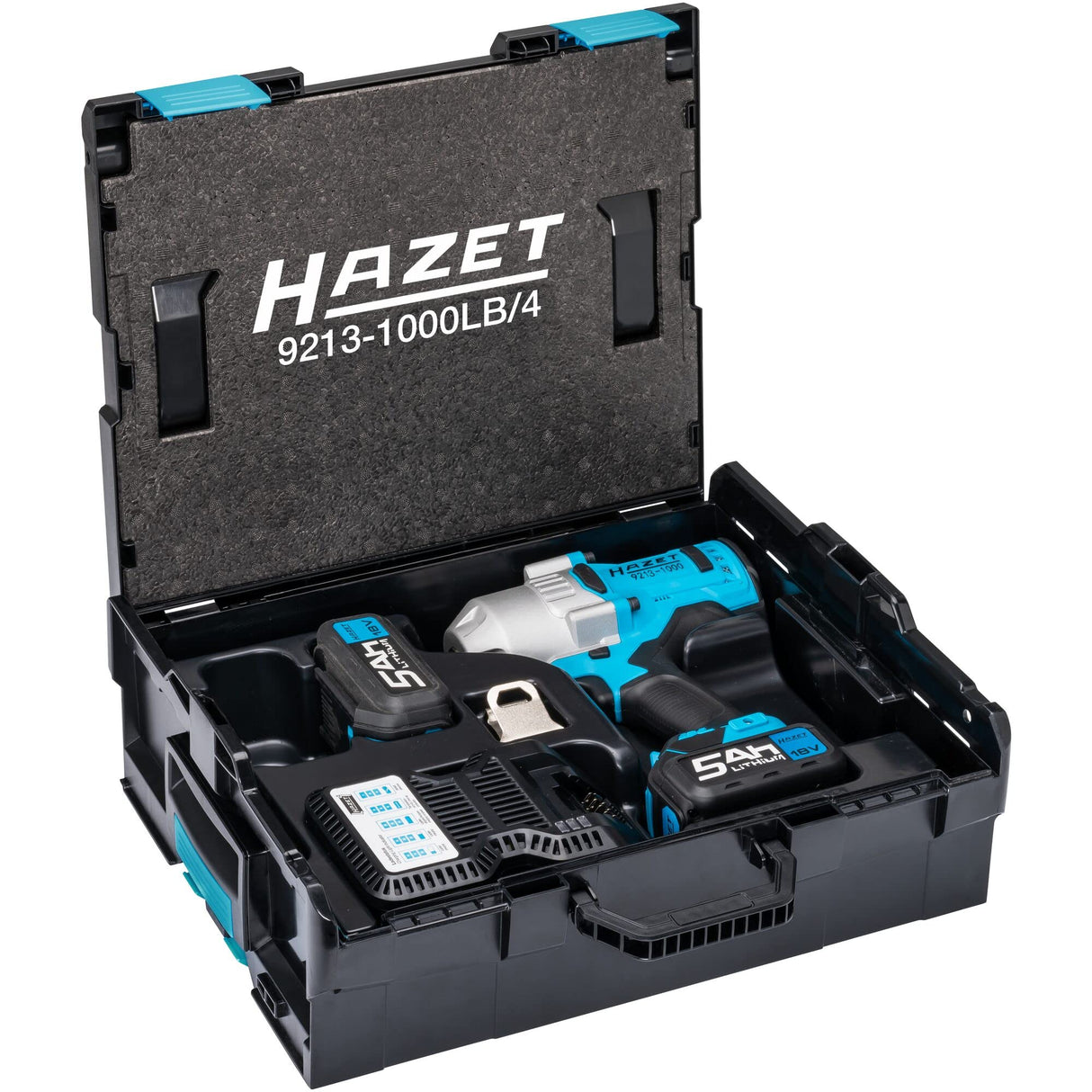 HAZET, Llave de impacto a batería 9213-1000LB/4, Herramienta para aflojar y apretar componentes, Simple, flexible, Juego de 4 piezas en L-Boxx, Pardeapriete máximo 1400 nm, Escuadra 20 mm