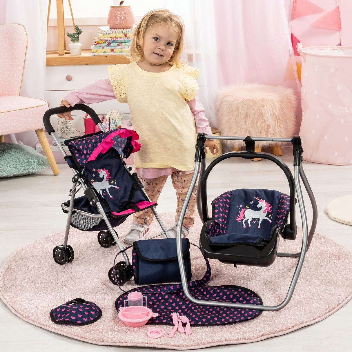 Bayer Design 21554AB Silla de Paseo para muñecas, Plegable, Ruedas Dobles, cinturón de Seguridad, Bolsa, Cambiador, Cuna, Accesorios para muñecas