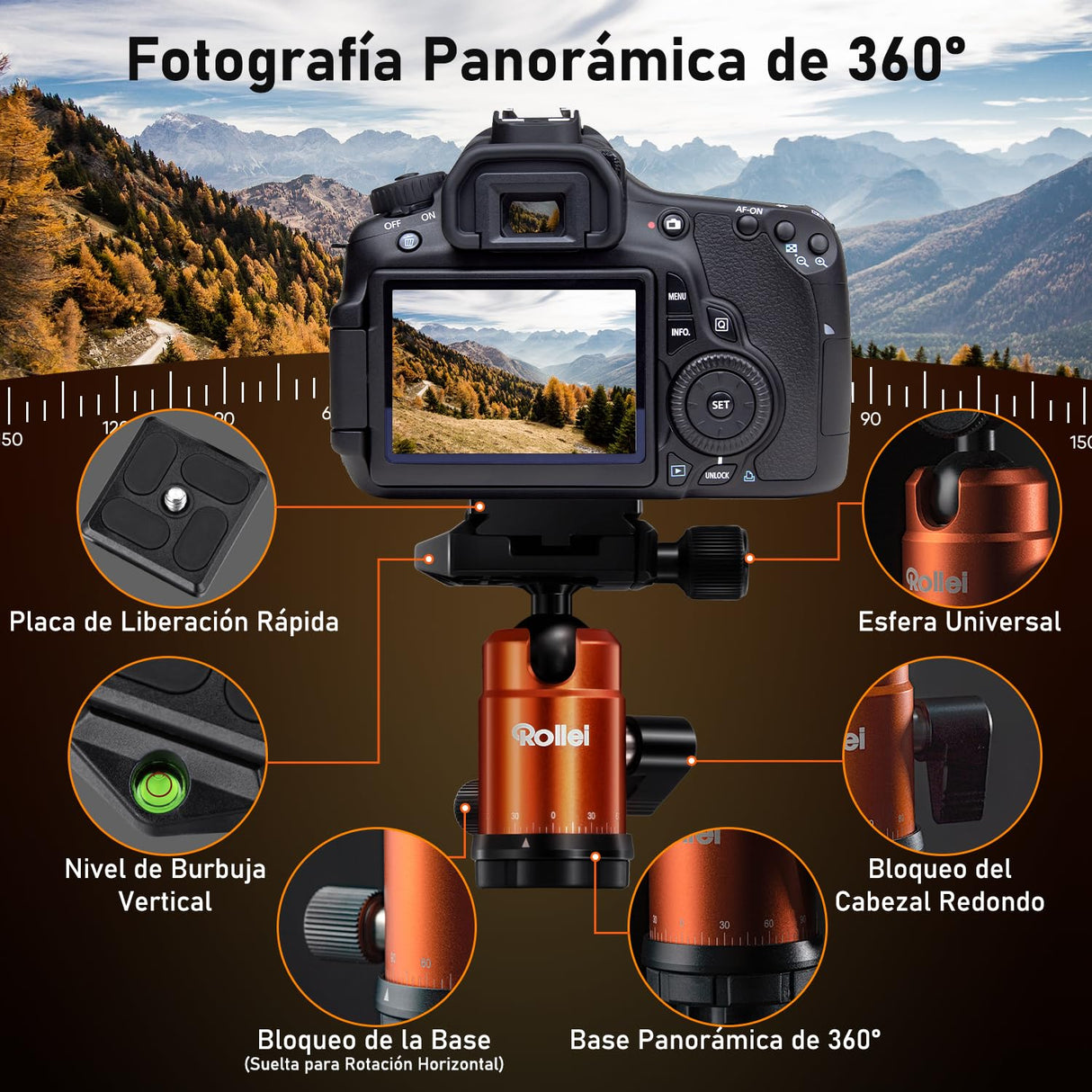 Rollei Tripode Camara Naranja, 145cm Compact Traveler No.1 Carbon Trípode de Viaje Ligero y Portátil con Soporte para Teléfono y Rótula de Bola para Nikon Sony Canon, Trípode-Cámara-Viaje-Tripod