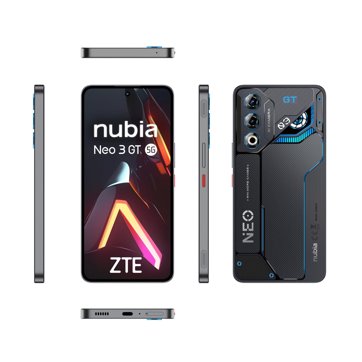 ZTE Nubia Neo 3 GT 5G, Smartphone Gaming con IA, 12GB+256GB, Gatillos Laterales, Luces LED, Pantalla OLED 6,8" 120Hz, Batería 5000mAh, Android 15, Gris