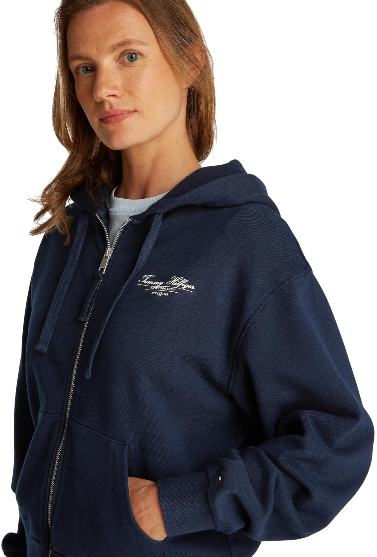 Tommy Hilfiger Sudadera con cremallera Mujer Script Zip con capucha, Azul (Dark Night Navy), M