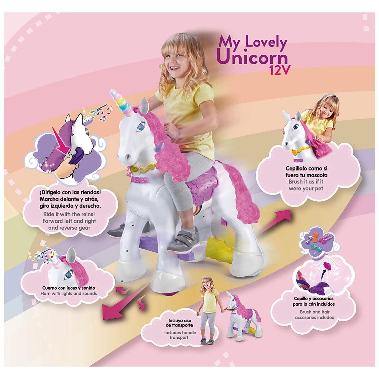 FEBER, My Lovely Unicorn con Melena Rosa, Mascota electrónica y vehículo de batería 12 V (Famosa 800011603), Blanco