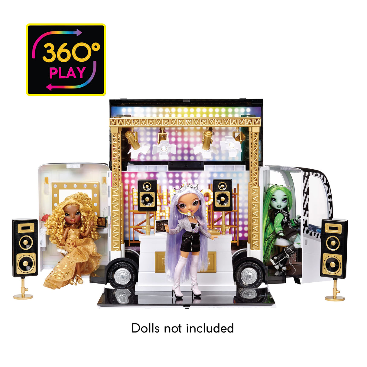 RAINBOW HIGH Rainbow Visions World Tour Autobús y Escenario 4-en-1 - Incluye Equipo de DJ, Luces Reales, camerino, Accesorios y Pilas - Edad: 6+ años