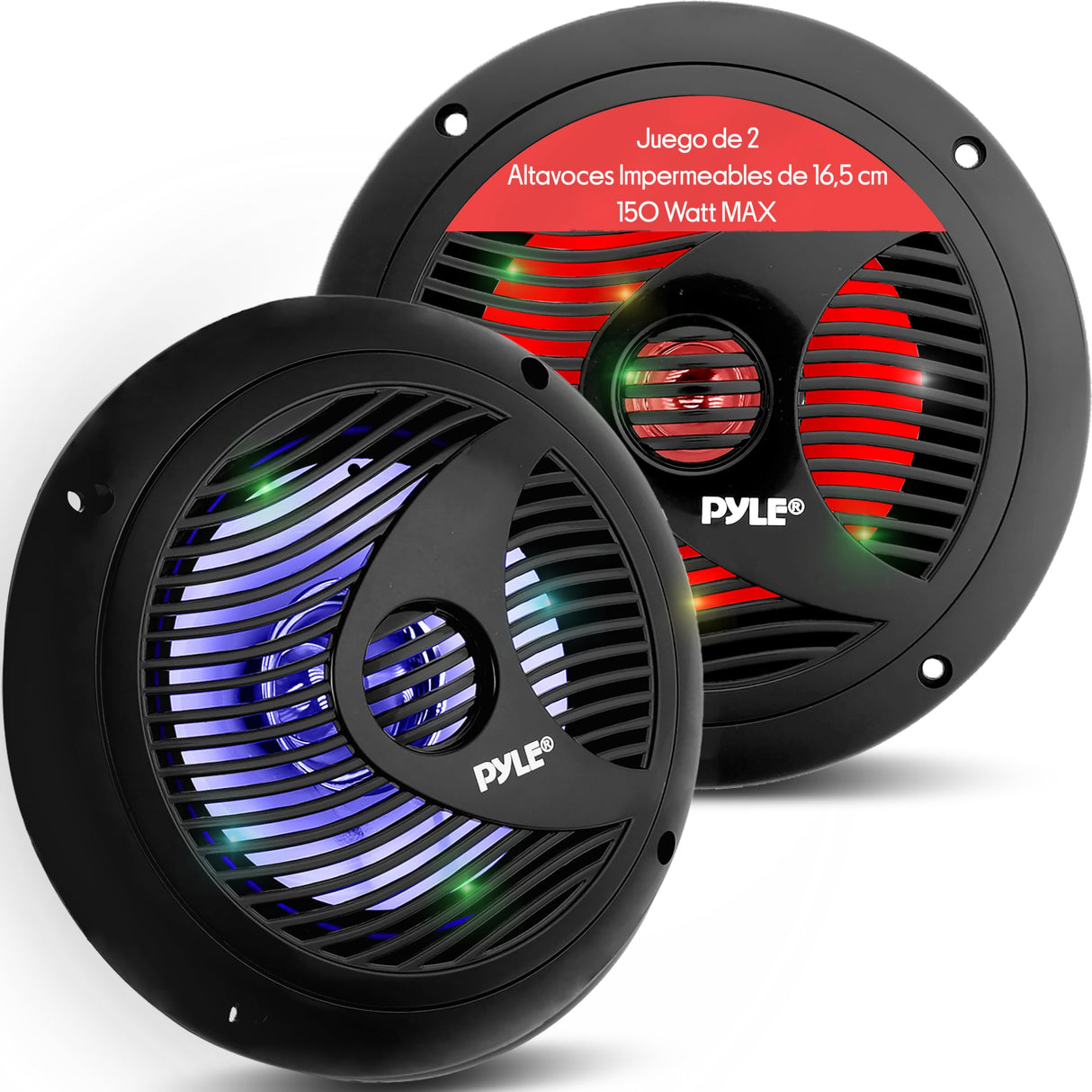 Pyle Altavoces duales, 6.5”, Resistentes al Agua y a la Intemperie, Estereo, Luces LED, 150W, Cono de Polypropylene