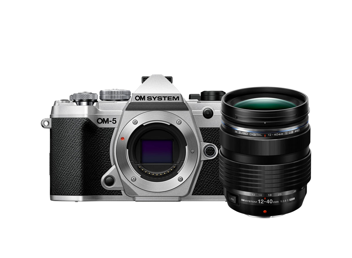 OM SYSTEM OM-5 Cámara con Sistema Micro Four Thirds con Objetivo M.Zuiko Digital ED 12-40mm Pro II, Sensor Live Mos de 20 MP, Estabilización de Imagen Mejorada de 5 Ejes, Plata/Negro