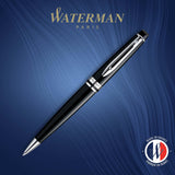 Waterman Expert bolígrafo, color negro brillante con adorno cromado, punta media con cartucho de tinta azul, estuche de regalo