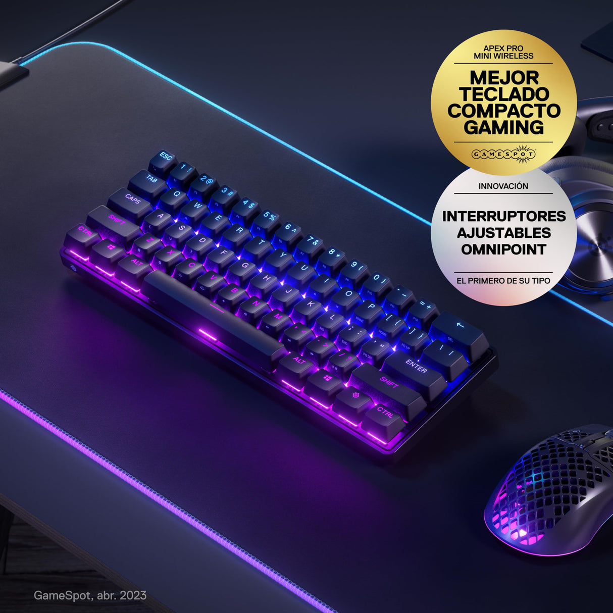 SteelSeries Apex Pro Mini Wireless-Teclado gaming mecánico –El teclado más rápido del mundo- Accionamiento ajustable - Factor forma compacto 60% – Bluetooth 5.0 – 2,4GHz – Teclado americano (QWERTY)