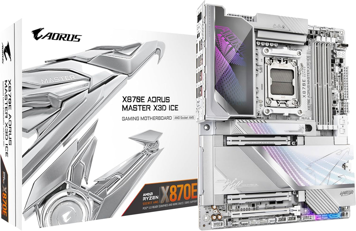 GIGABYTE X870E AORUS Master X3D Ice Placa Base – Compatible con procesadores AMD Ryzen 9000, VRM Digital de 18+2+2 Fases, hasta 9000 Hz DDR5 (OC), 2 x PCIe 5.0 + 3 x PCIe 4.0, Wi-Fi 7, LAN 10 GbE
