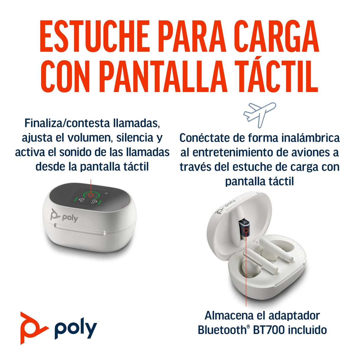 Auriculares inalámbricos Poly Voyager Free 60+ UC - Micrófonos con supresión de ruido para llamadas nítidas - ANC - Funda de carga con pantalla táctil - Funciona con iPhone, Android, PC/Mac - Blanco