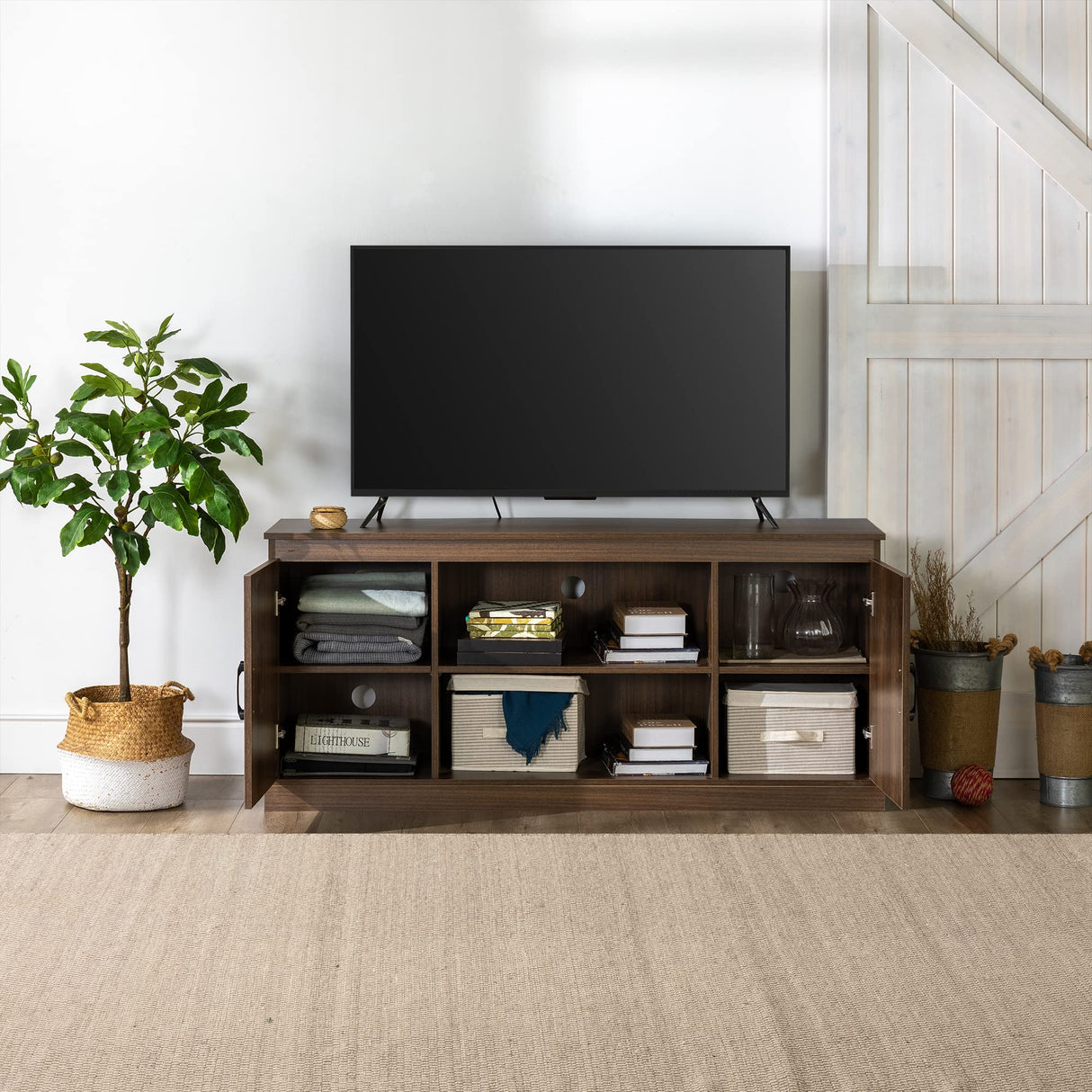 Zinus Wade Mueble TV - Mueble TV 147x67x40 cm - Mueble con armario - Diseño estilo granja - Marrón
