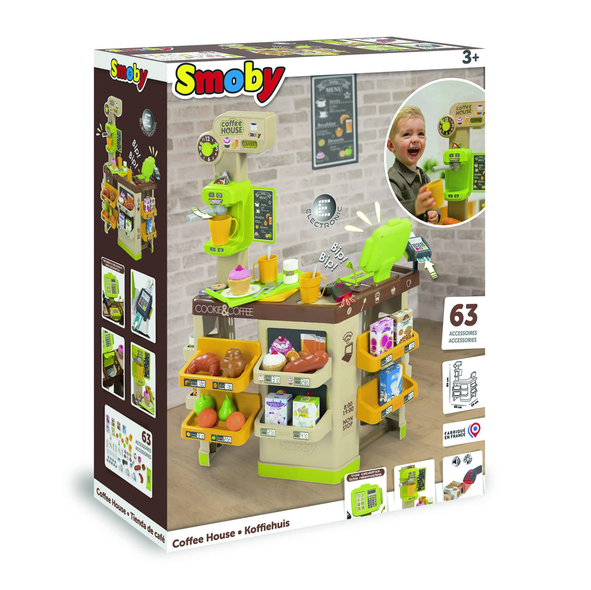 Smoby - Roleplay Coffee House, 7600350232, 3 Años, 57 Accesorios, Cafetera, Caja registradora, H. 89 cm