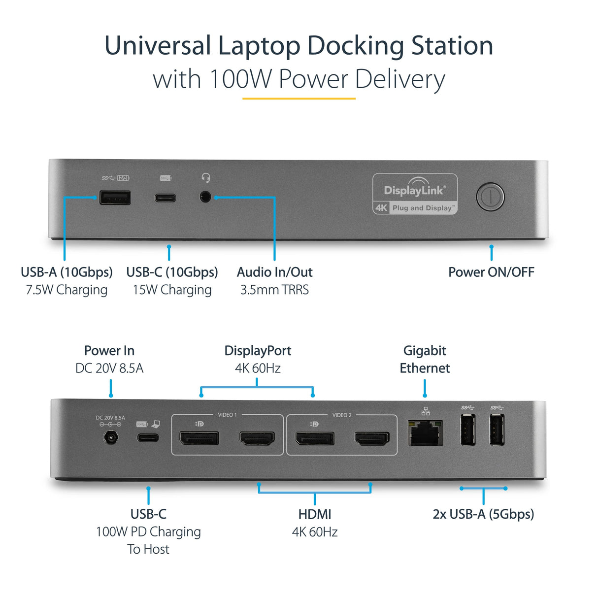 StarTech.com Docking Station Universal para Portátil - Replicador de Puertos Híbrido USB-C/-A - 2x HDMI y DP 4K - PD 100W