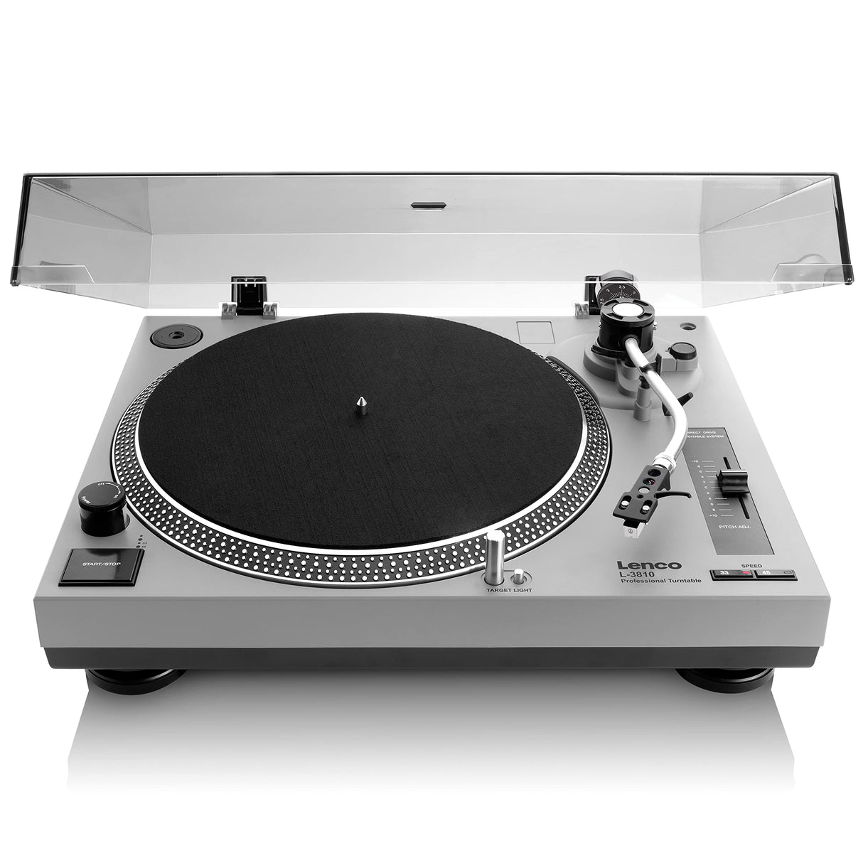Lenco L-3810 Giradiscos de accionamiento Directo - Giradiscos DJ - 33/45 RPM - Pitch-Control - Sistema de fonocaptor magnético - Luz de Aguja - Pitch-Control - Gris Mate
