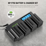 NEEWER 4pcs NP-F750 7.4V 5600mAh Batería de Repuesto con Cargador de 4 Canales y Adaptador de Corriente, Compatible con NP-F550/750/770/970 FM500H QM71D QM91D, Monitores de Campo, Luces de Video