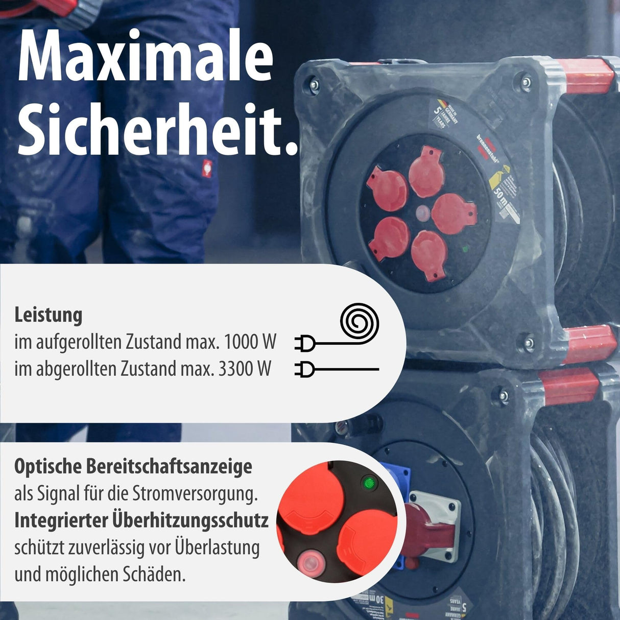 Brennenstuhl Professional KA 5110 5 IP44 carrete para instalación de construcción, cable BQ de 50 m en rojo, 5 enchufes de seguridad, uso en obra y exterior permanente, fabricado en Alemania