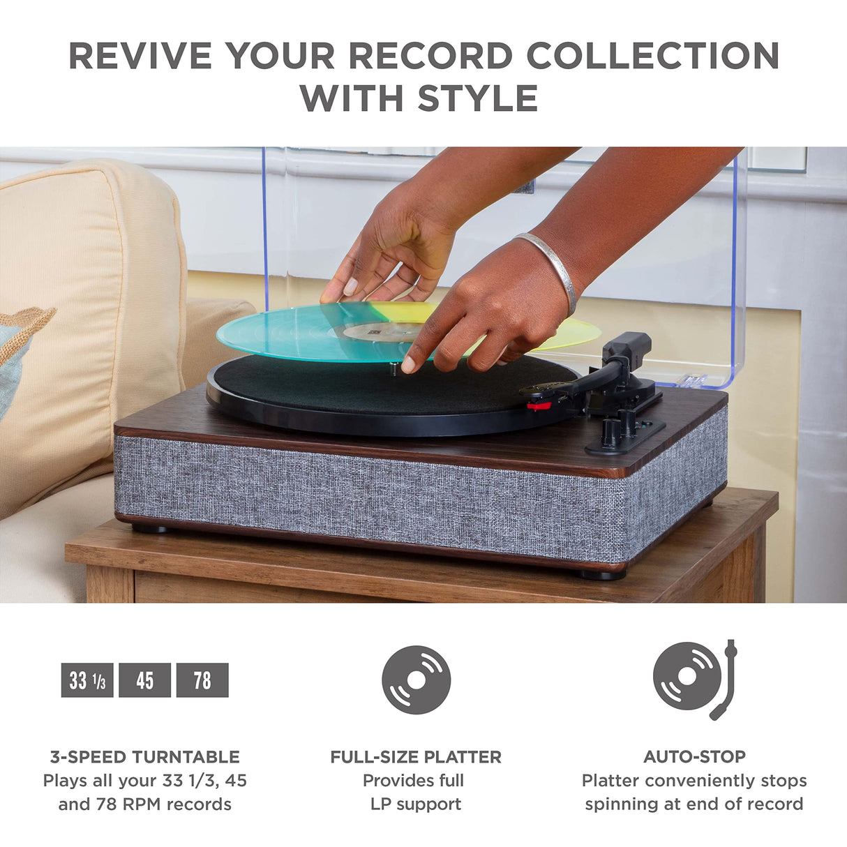 ION Audio Luxe LP - Tocadiscos de Vinilo Bluetooth con Altavoces, conversión USB, Plato de tamaño Completo, Auto-Stop, Salida de Auriculares, 3 velocidades, Madera Tintada