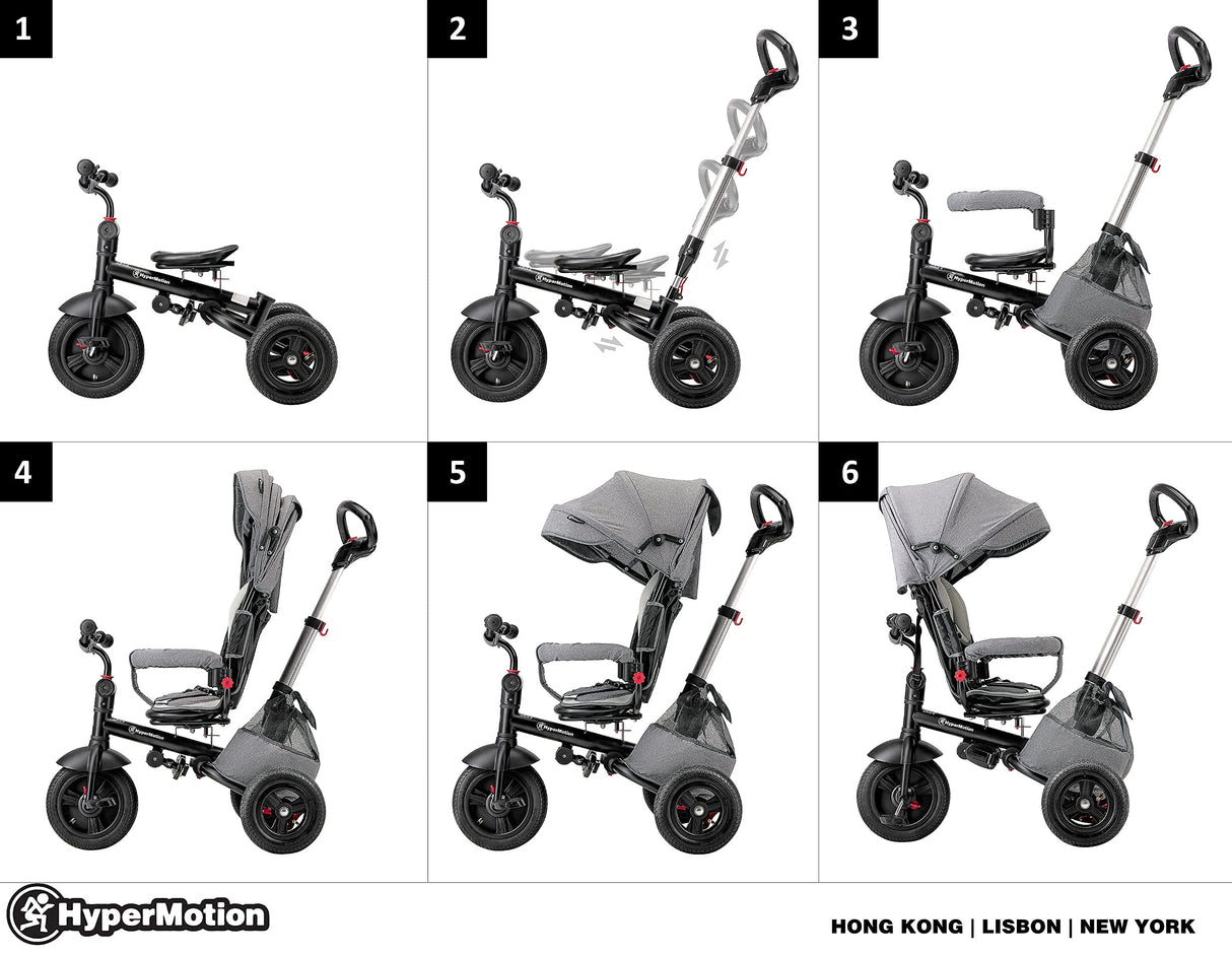 HyperMotion Triciclo Infantil 3 en 1 - Coche para Bebé con Asiento Giratorio y Cubierta de Lluvia - Triciclo Evolutivo 12 Meses a 5 Años, Plegable, Ruedas Bombeadas, 25kg, Gris